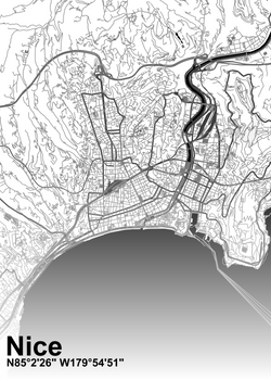 The city of Nice in France as a perfect location for a map poster in black and white with gradient and the title with coordinates below the city name.