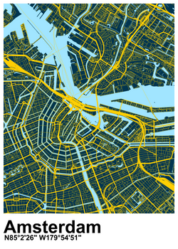 The city of Amsterdam in the Netherlands in a futuristic style with yellow of dark blue as main colours.